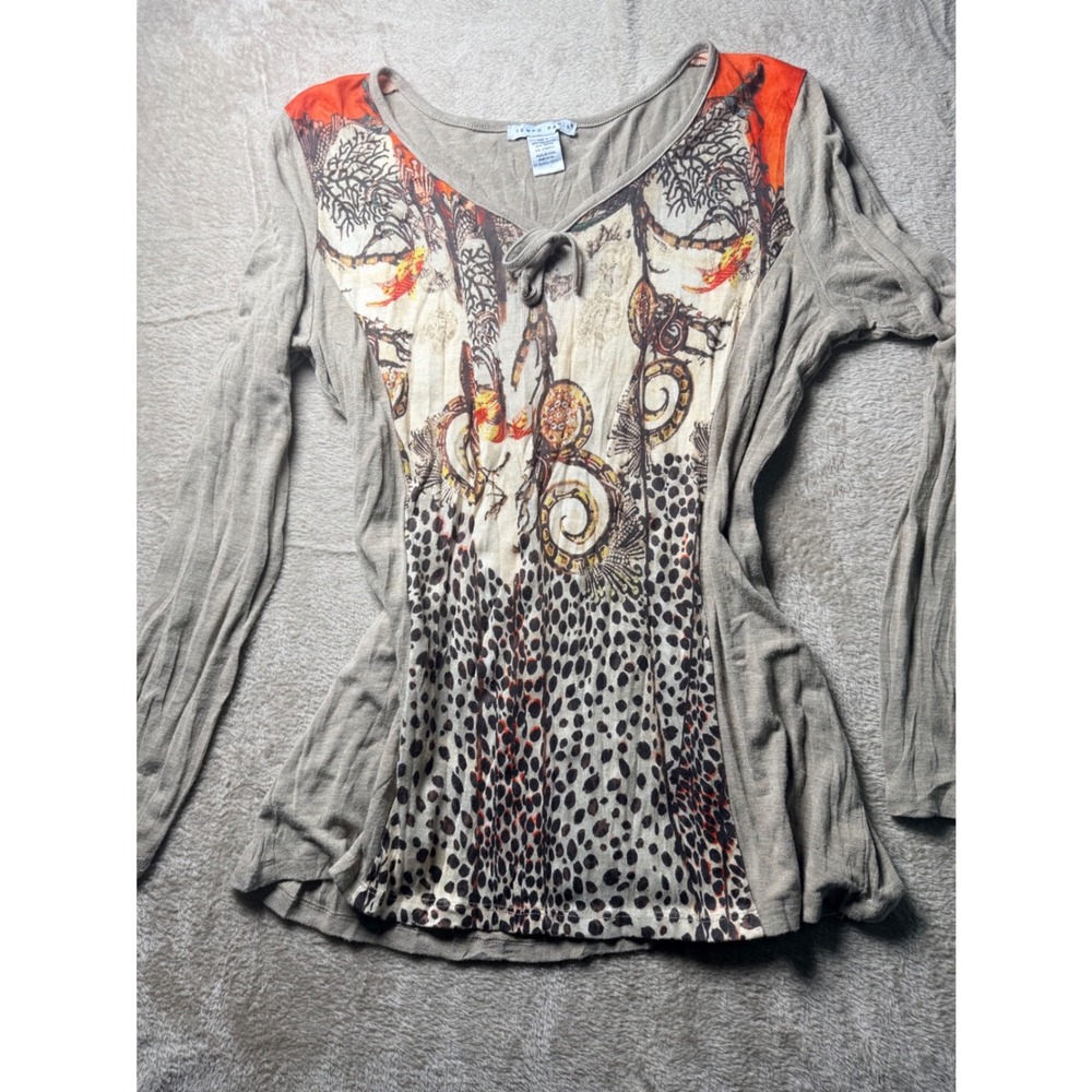 Euro‎ y2k Tempo Paris Long Sleeve Graphic Print Top  Animal Print Size L Boho